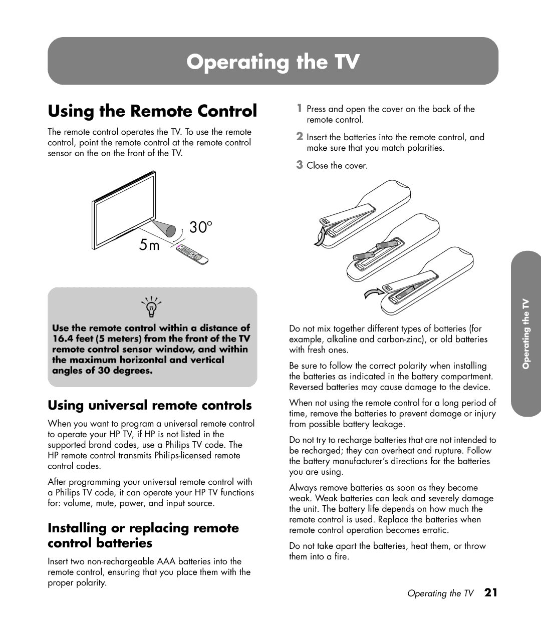 HP PL4272N 42 inch Plasma manual Operating the TV, Using the Remote Control, Using universal remote controls 