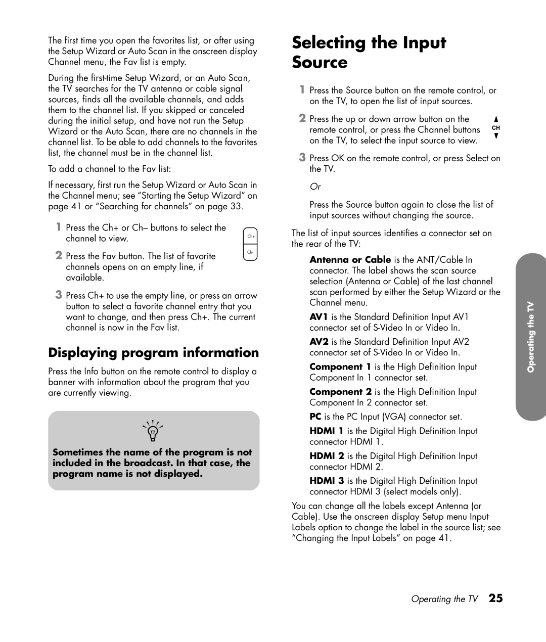 HP PL4272N 42 inch Plasma manual Selecting the Input Source, Displaying program information 