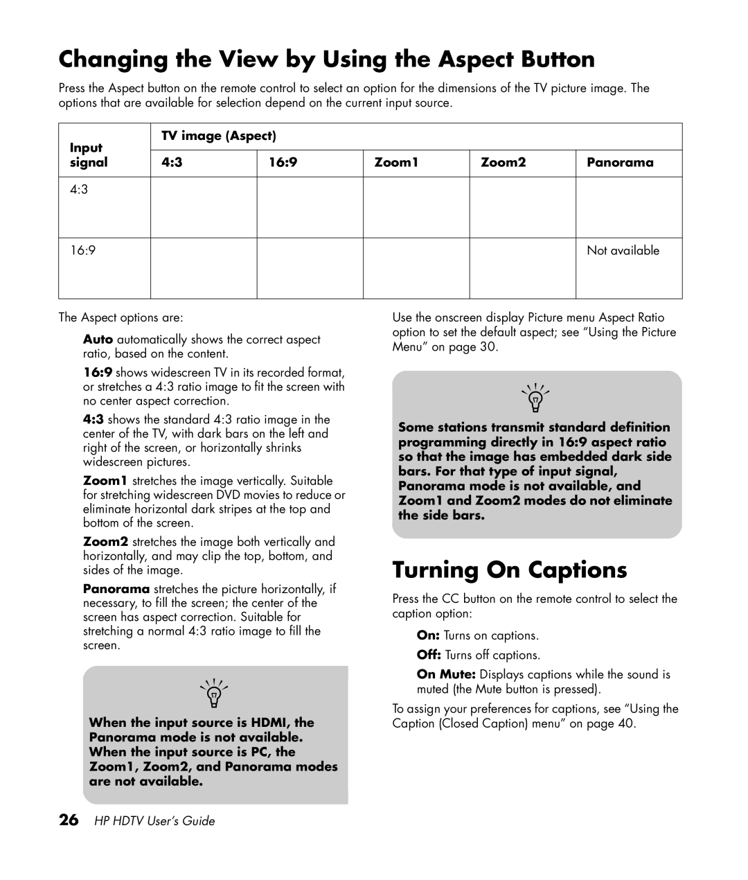 HP PL4272N 42 inch Plasma manual Changing the View by Using the Aspect Button, Turning On Captions 