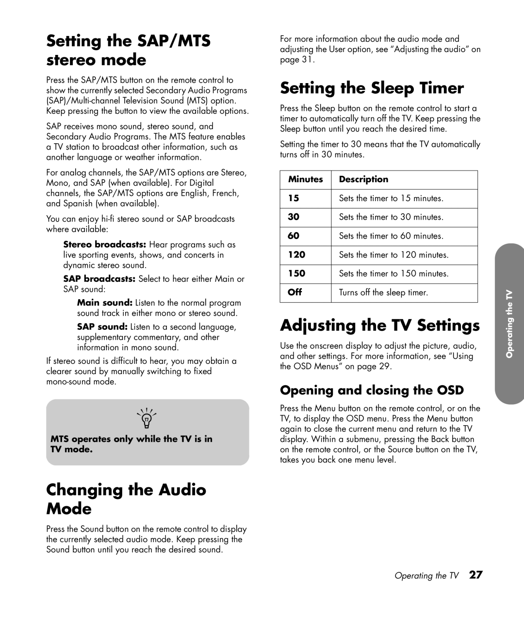 HP PL4272N 42 inch Plasma manual Setting the SAP/MTS stereo mode, Changing the Audio Mode, Setting the Sleep Timer 