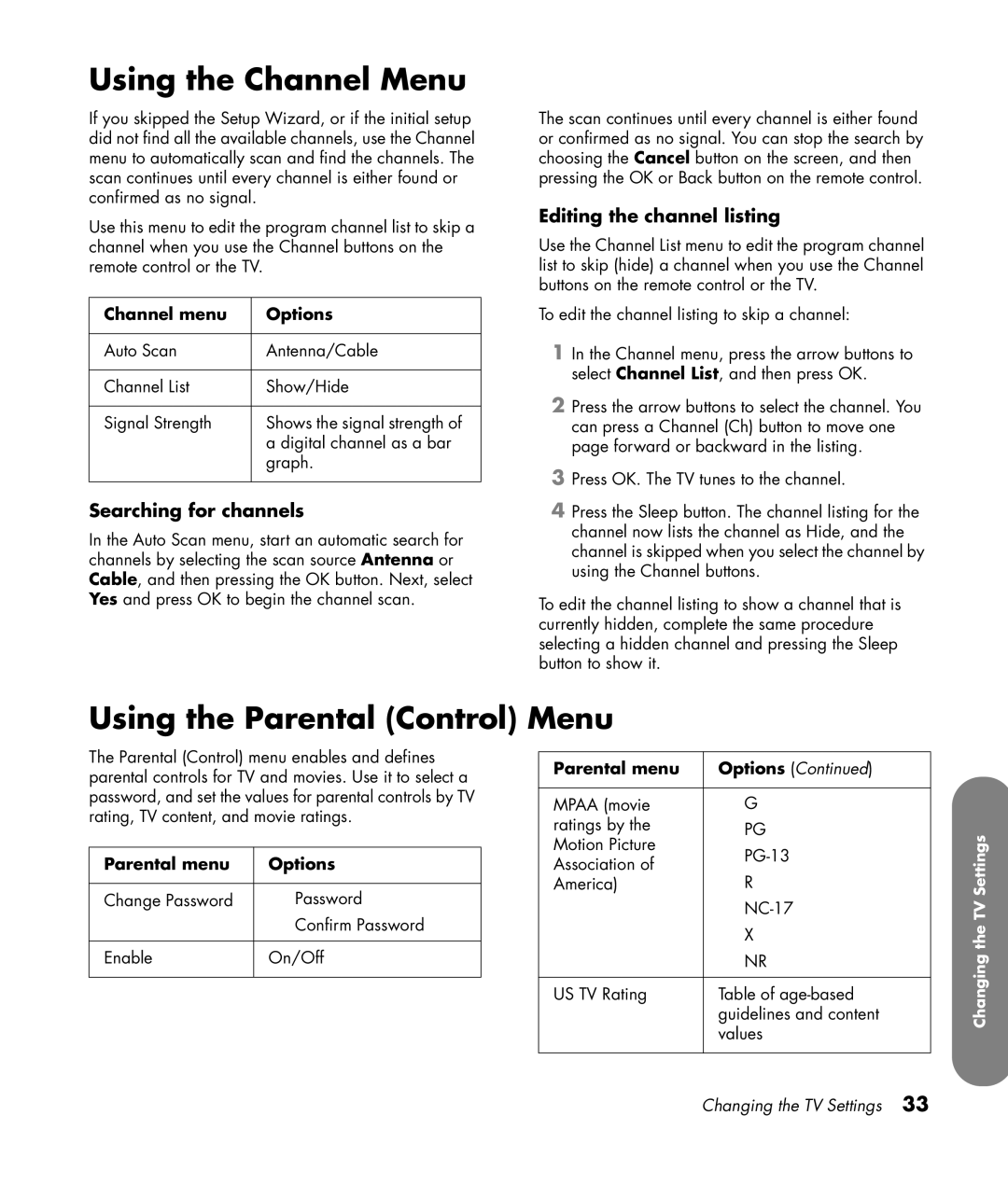 HP PL4272N 42 inch Plasma manual Using the Channel Menu, Using the Parental Control Menu, Searching for channels 