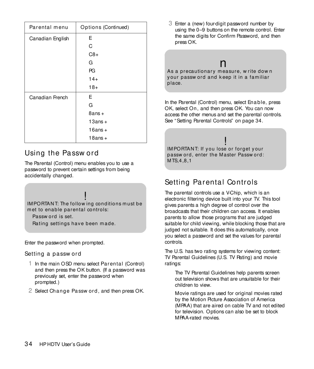 HP PL4272N 42 inch Plasma manual Using the Password, Setting Parental Controls, Setting a password 