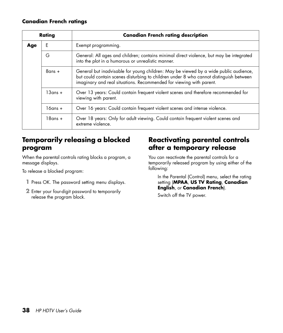 HP PL4272N 42 inch Plasma manual Temporarily releasing a blocked program, Canadian French ratings 