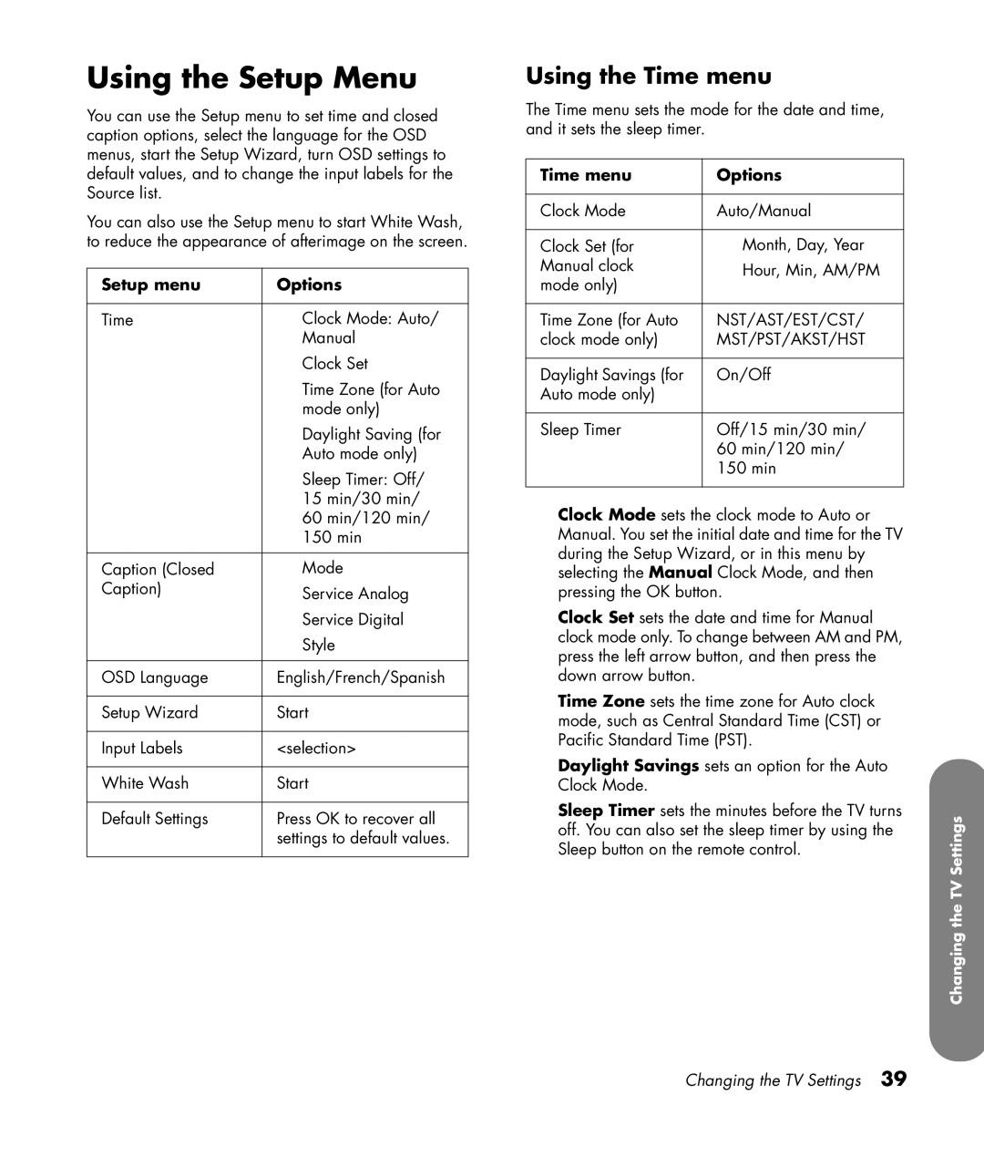 HP PL4272N 42 inch Plasma manual Using the Setup Menu, Using the Time menu, Setup menu Options, Time menu Options 