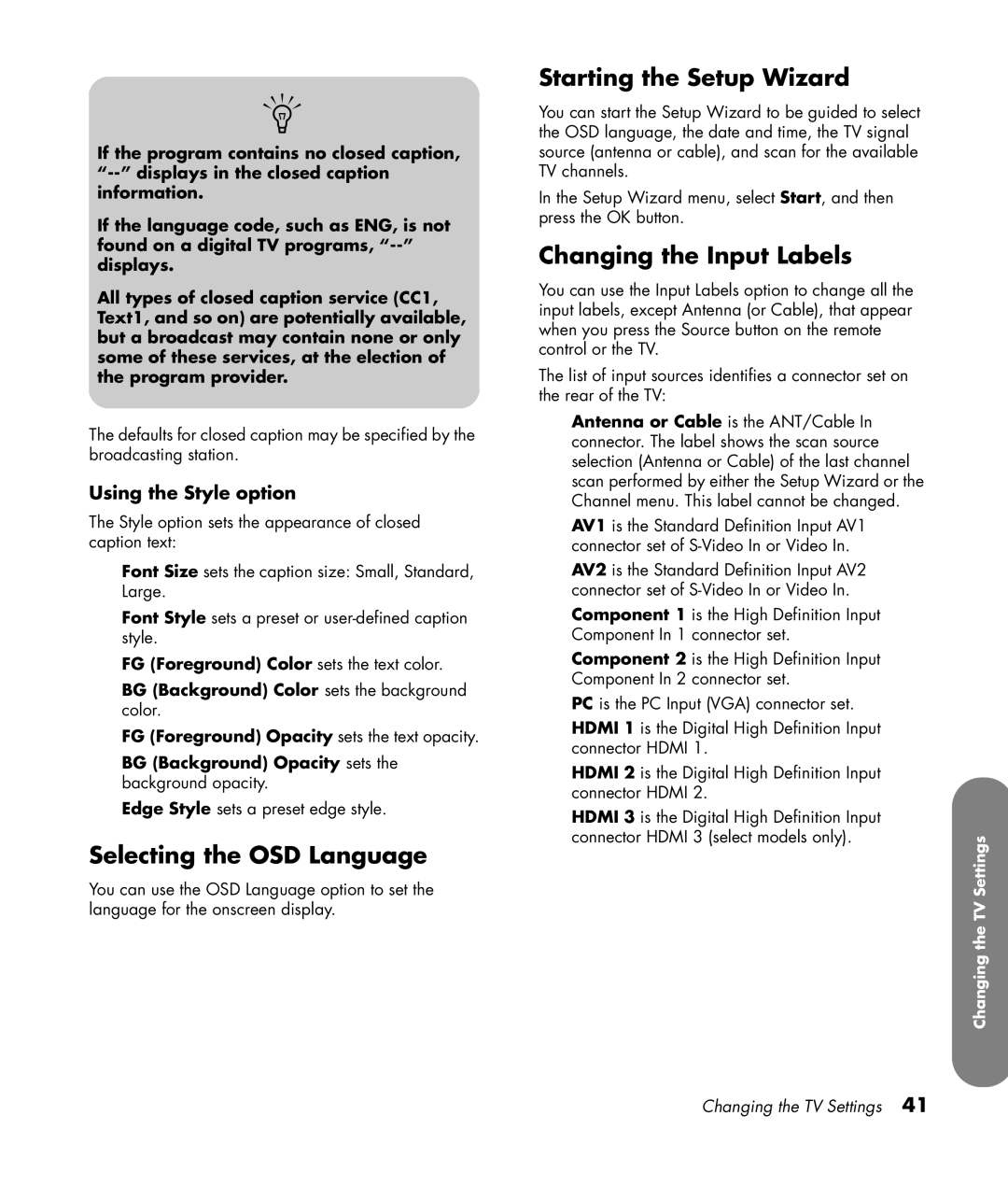 HP PL4272N 42 inch Plasma manual Selecting the OSD Language, Starting the Setup Wizard, Changing the Input Labels 