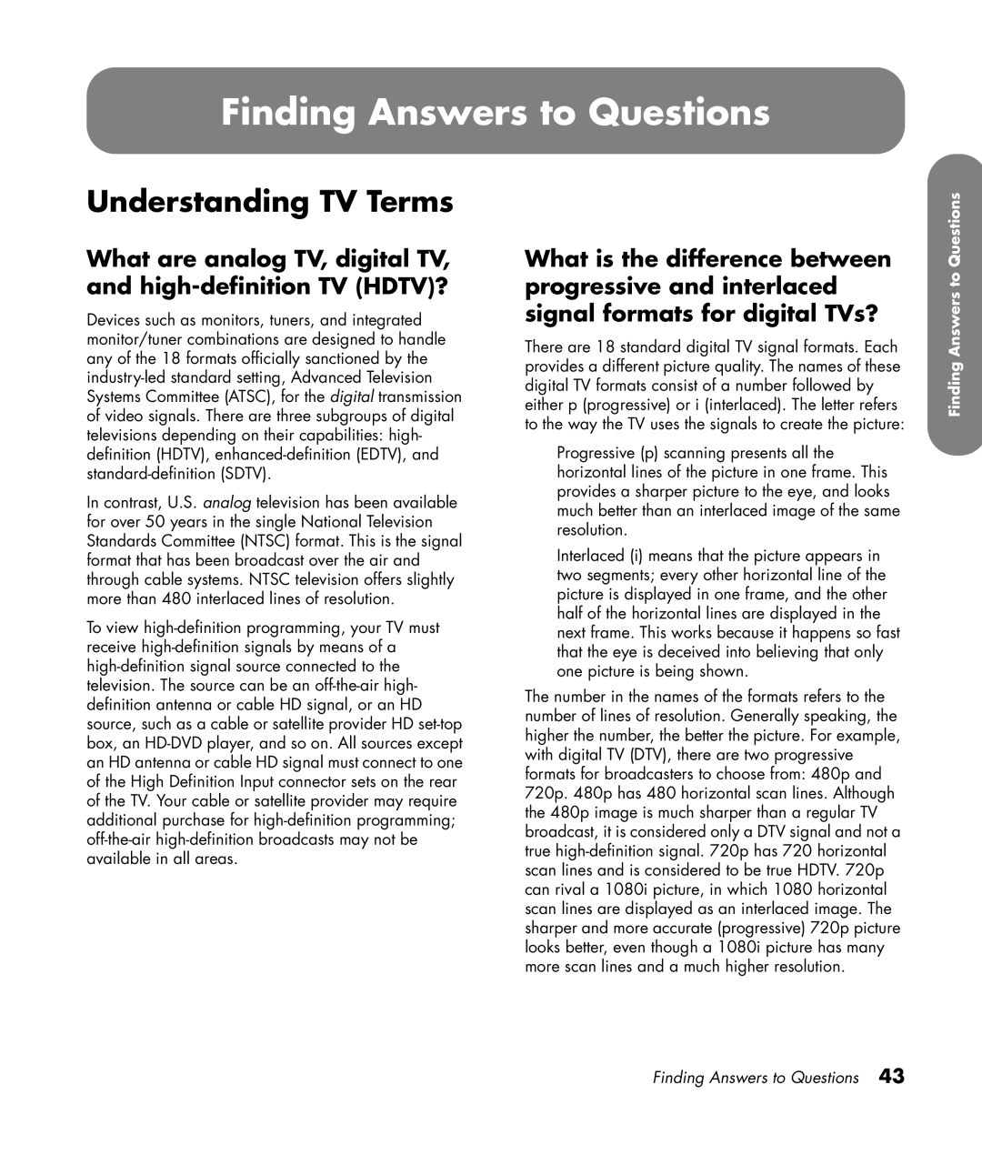 HP PL4272N 42 inch Plasma manual Finding Answers to Questions, Understanding TV Terms 