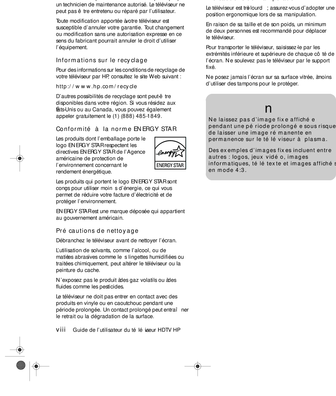 HP PL4272N 42 inch Plasma manual Informations importantes, Informations sur le recyclage, Conformité à la norme Energy Star 