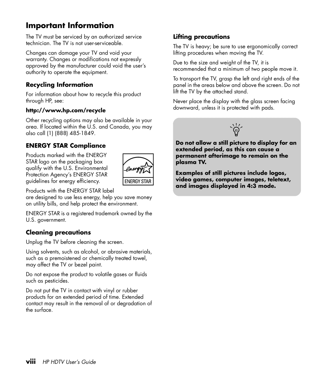 HP PL4272N 42 inch Plasma manual Important Information, Recycling Information, Energy Star Compliance, Cleaning precautions 