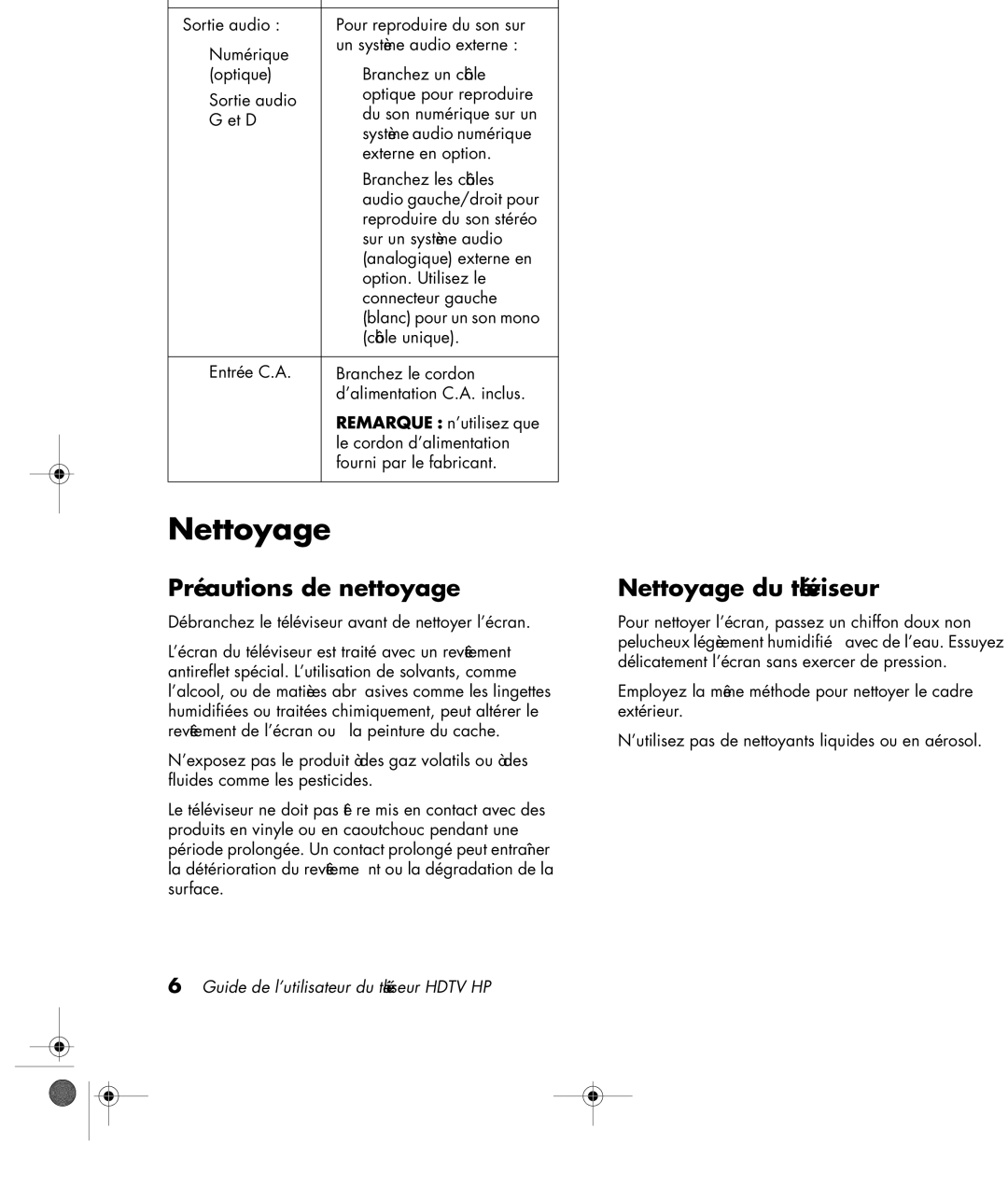 HP PL4272N 42 inch Plasma Précautions de nettoyage, Nettoyage du téléviseur, Téléviseur Face arrière Description suite 