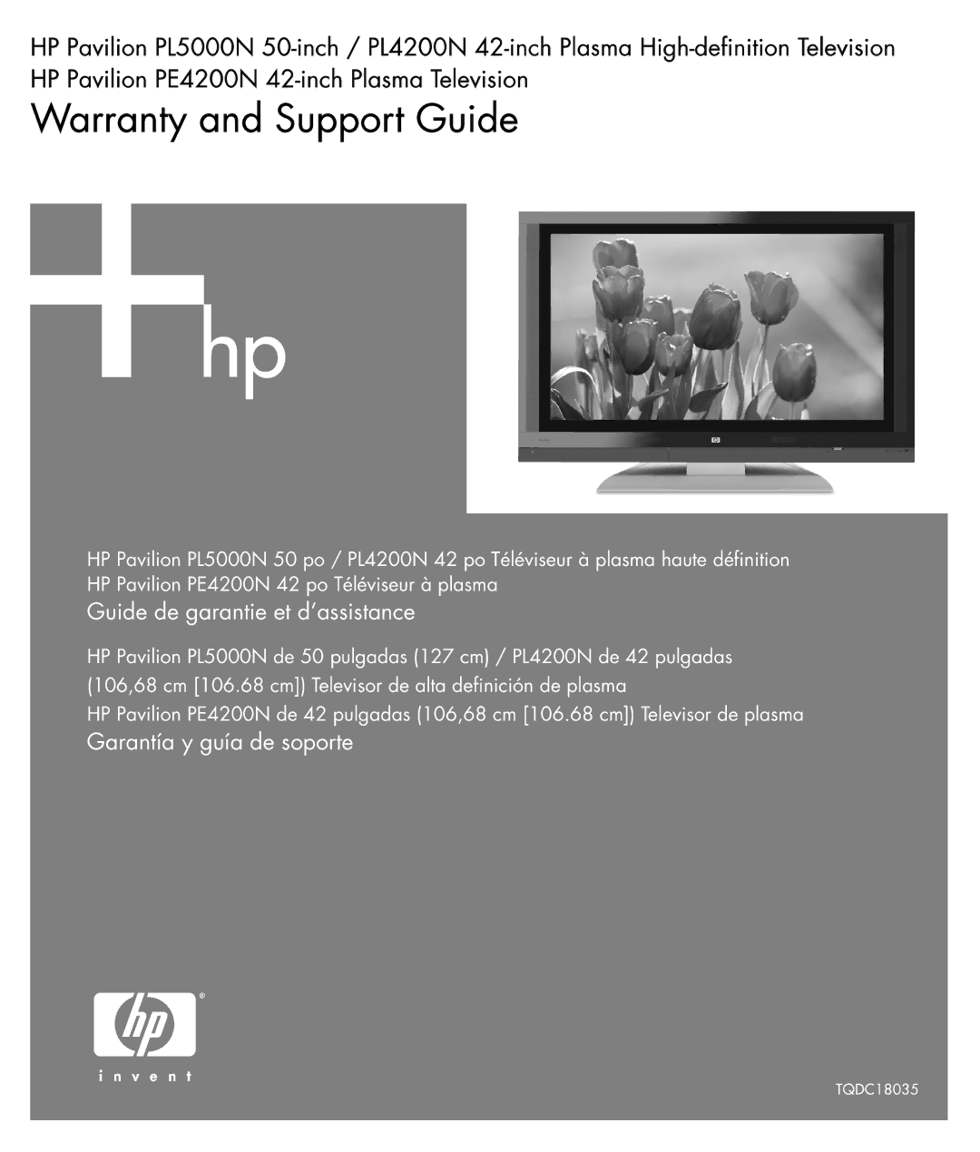 HP PE4200N 42 inch, PL5000N 50 inch Plasma, PL4200N 42 inch Plasma manual Garantía y guía de soporte 