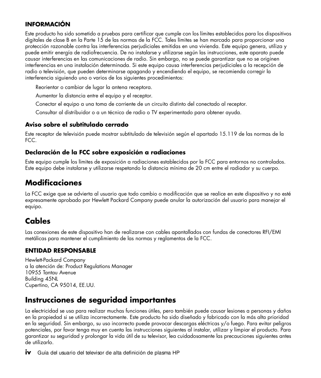 HP PL5060N 50 inch Plasma manual Modificaciones, Instrucciones de seguridad importantes, Aviso sobre el subtitulado cerrado 