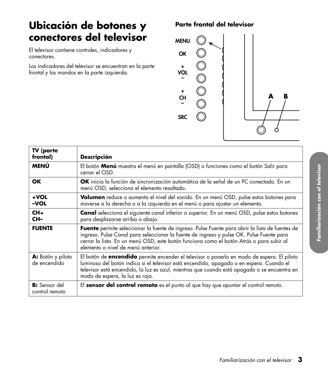 HP PL4260N 42 inch Plasma manual Ubicación de botones y conectores del televisor, Parte frontal del televisor 