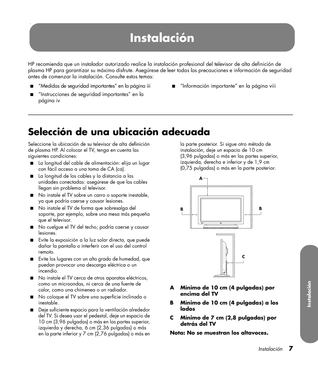 HP PL4260N 42 inch Plasma, PL5060N 50 inch Plasma manual Instalación, Selección de una ubicación adecuada 