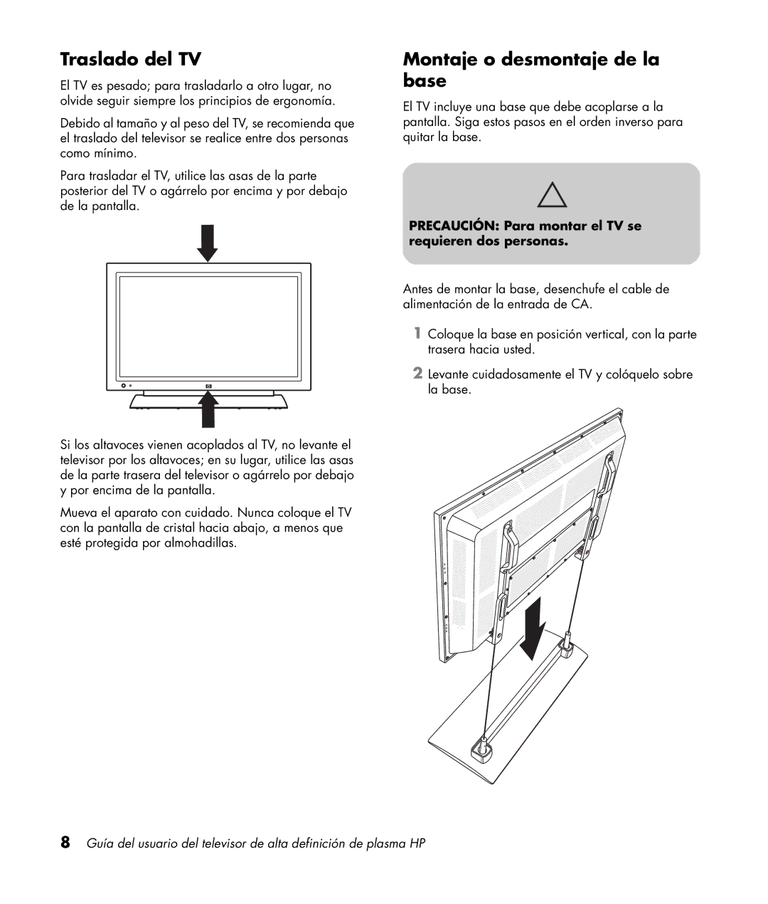 HP PL5060N 50 inch Plasma, PL4260N 42 inch Plasma manual Traslado del TV, Montaje o desmontaje de la base 