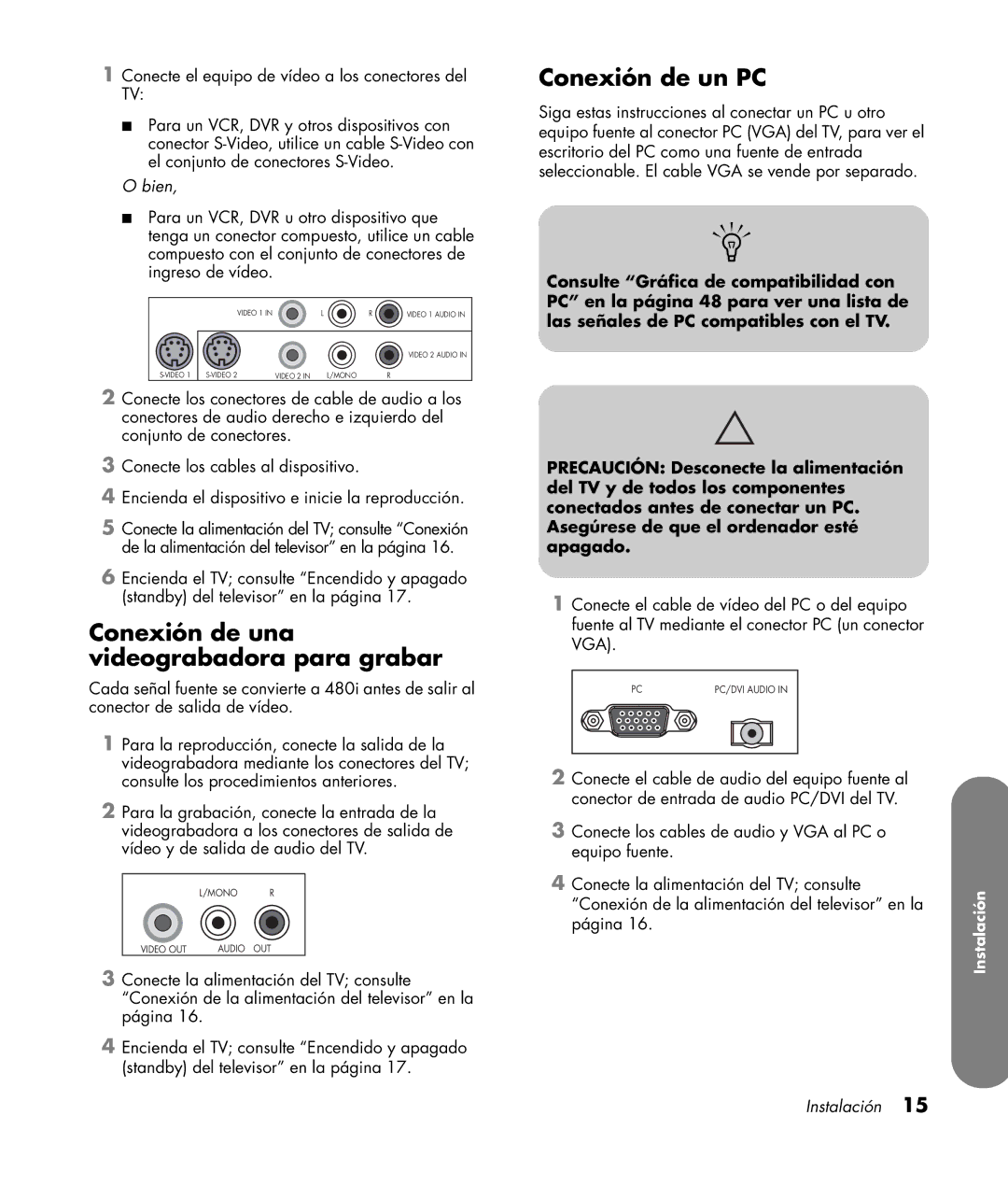 HP PL4260N 42 inch Plasma, PL5060N 50 inch Plasma manual Conexión de una videograbadora para grabar, Conexión de un PC 