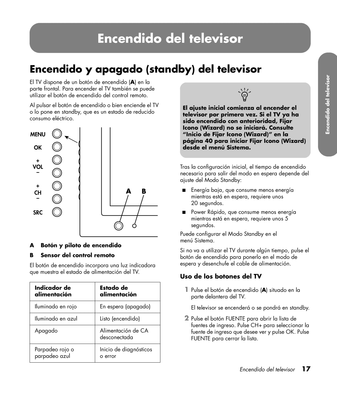 HP PL4260N 42 inch Plasma Encendido del televisor, Encendido y apagado standby del televisor, Uso de los botones del TV 