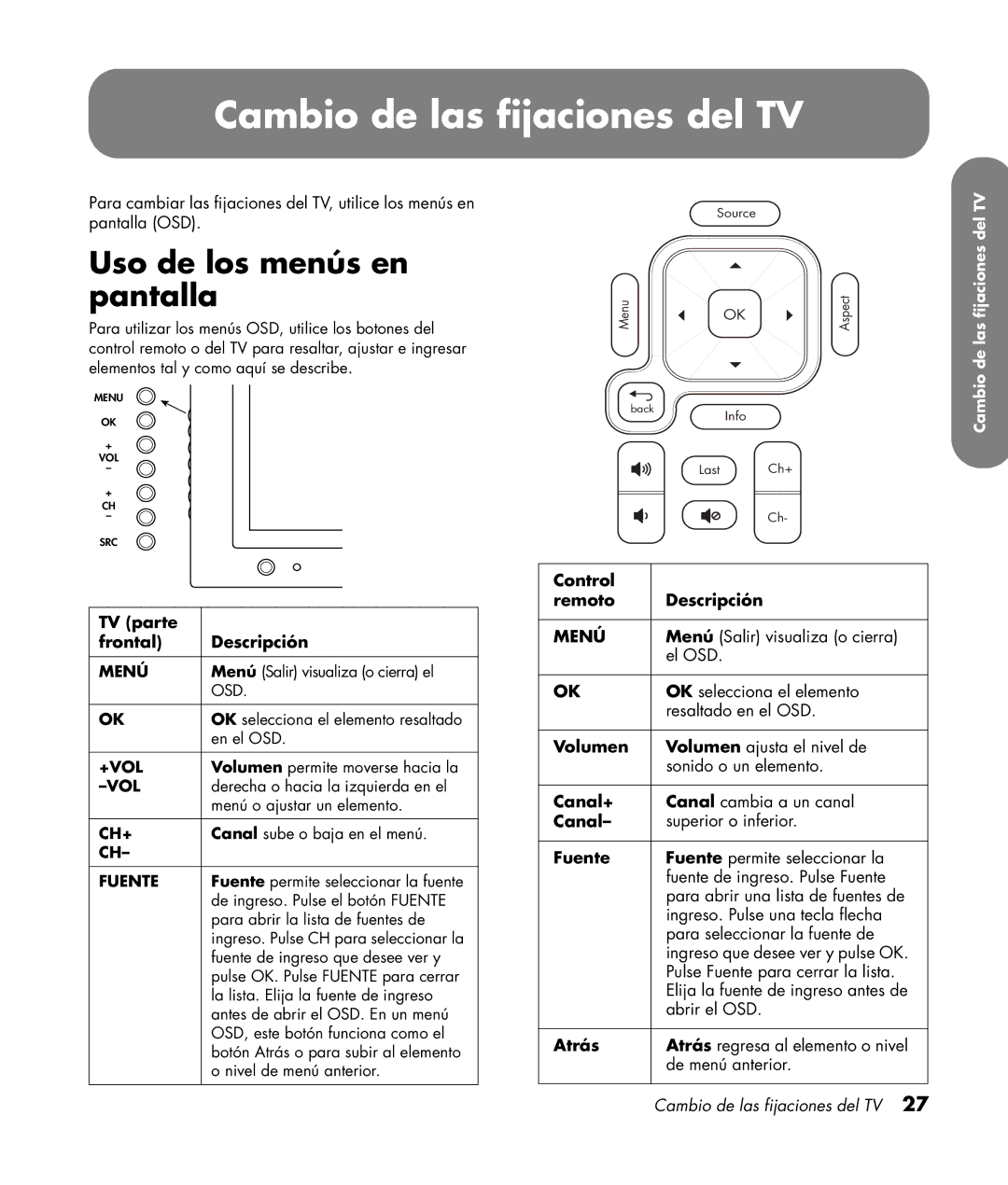 HP PL4260N 42 inch Plasma, PL5060N 50 inch Plasma manual Cambio de las fijaciones del TV, Uso de los menús en pantalla 