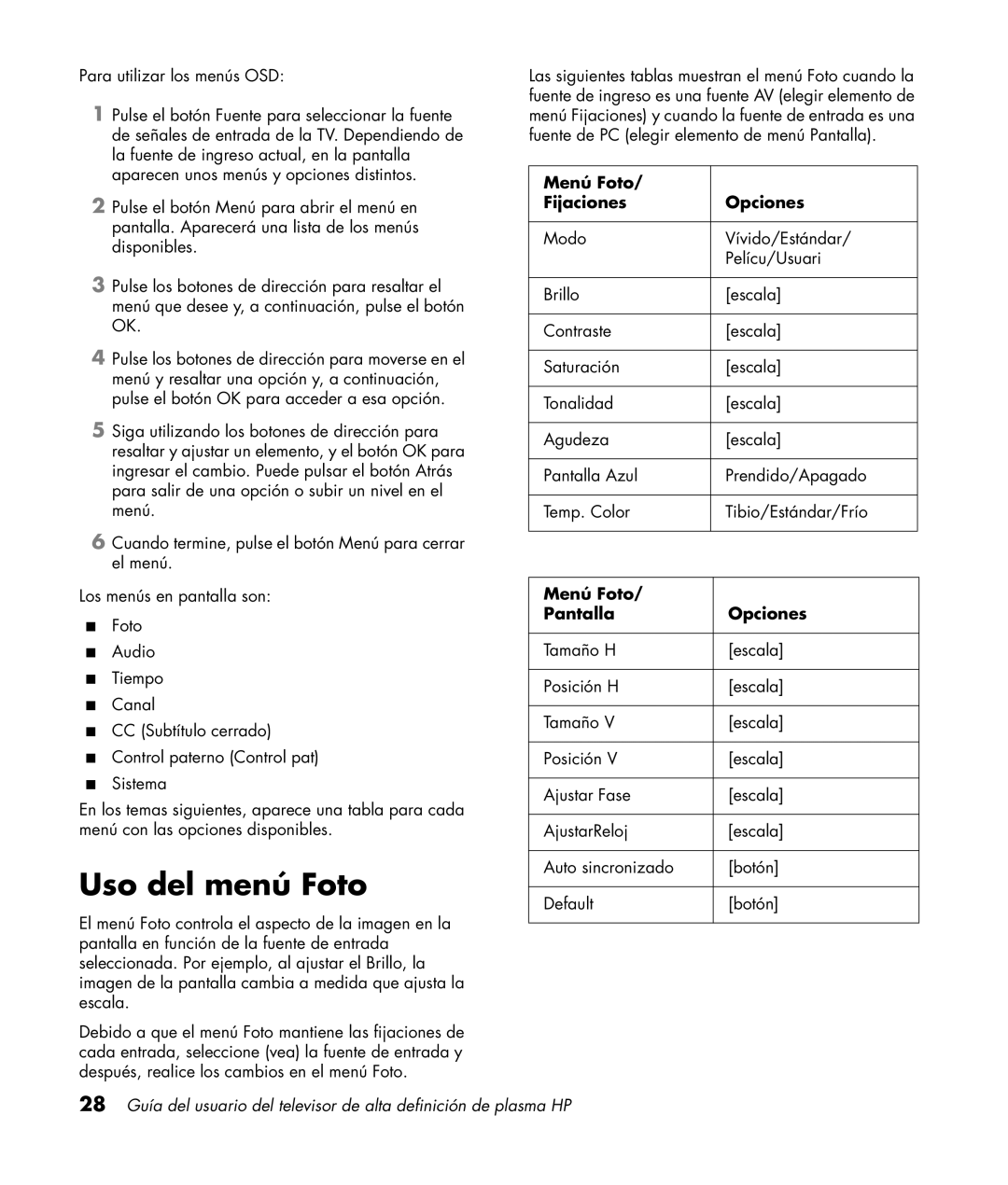 HP PL5060N 50 inch Plasma manual Uso del menú Foto, Menú Foto Fijaciones Opciones, Menú Foto Pantalla Opciones 