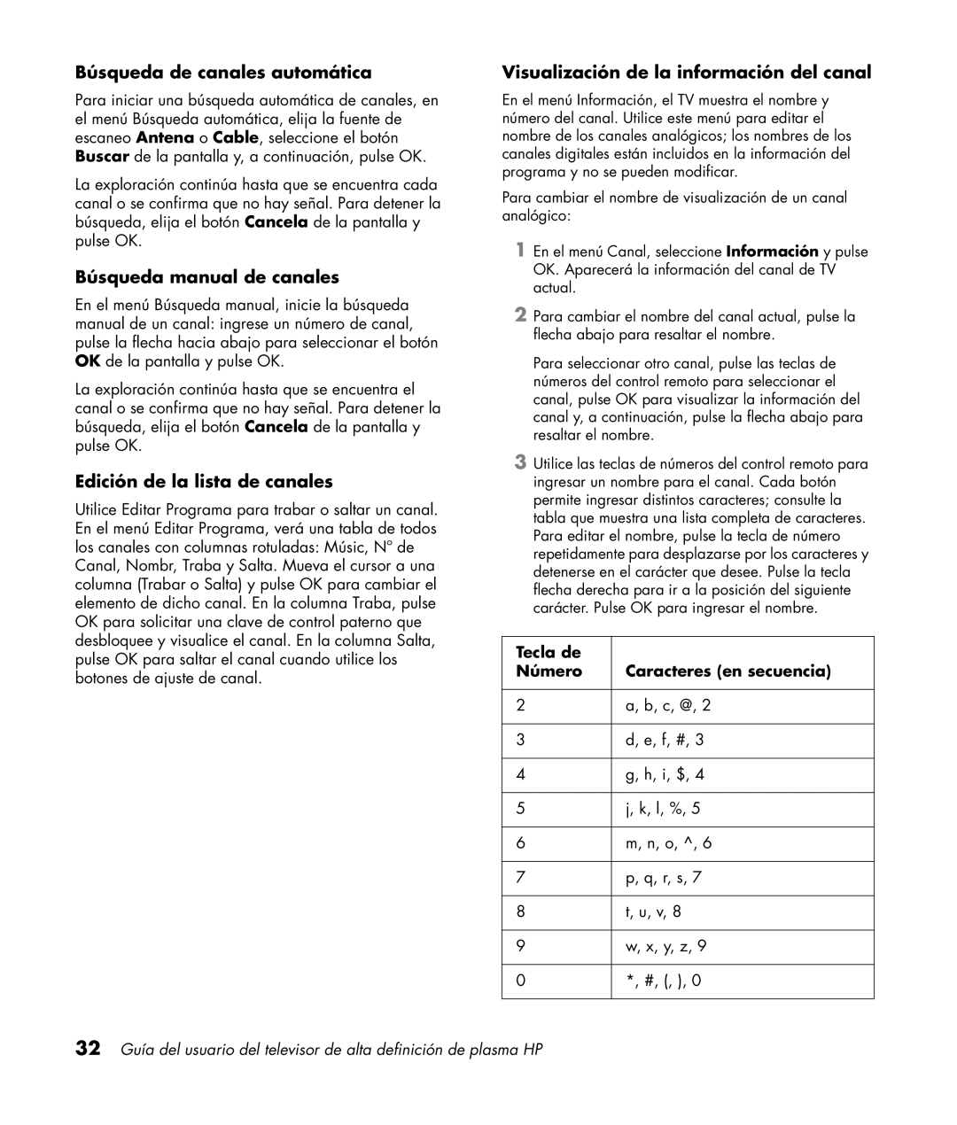 HP PL5060N 50 inch Plasma Búsqueda de canales automática, Búsqueda manual de canales, Edición de la lista de canales 