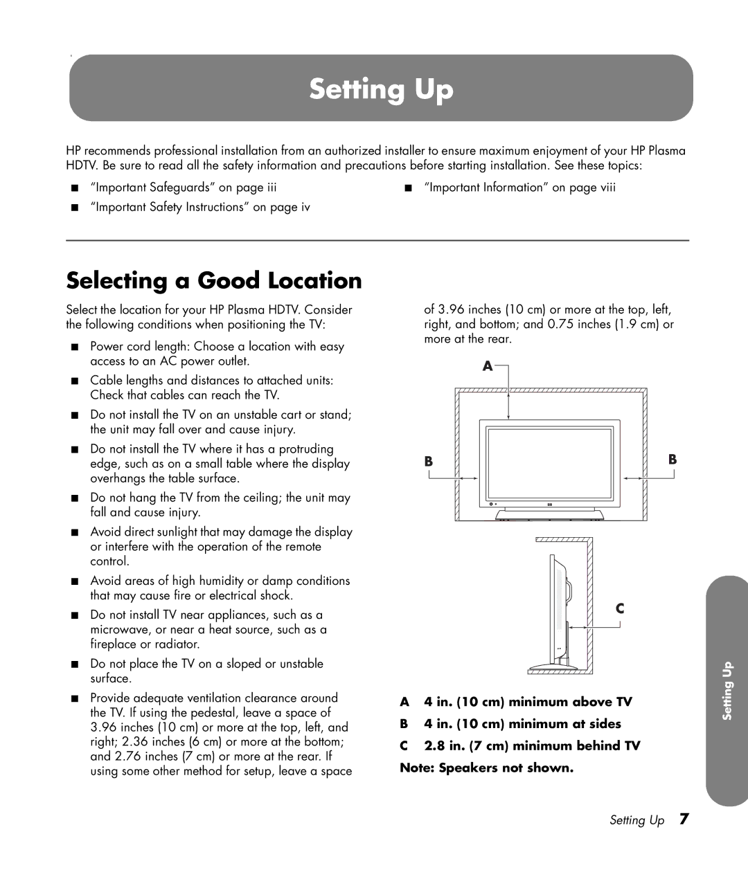 HP PL4260N 42 inch Plasma, PL5060N 50 inch Plasma manual Setting Up, Selecting a Good Location 