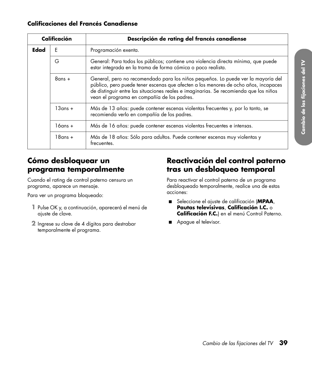 HP PL4260N 42 inch Plasma manual Cómo desbloquear un programa temporalmente, Calificaciones del Francés Canadiense 