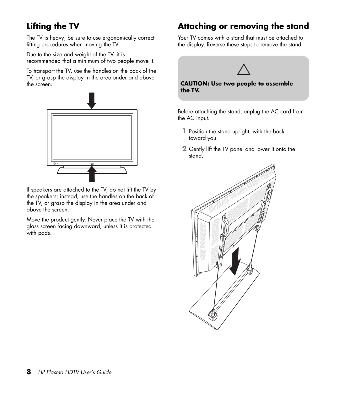 HP PL5060N 50 inch Plasma, PL4260N 42 inch Plasma manual Lifting the TV, Attaching or removing the stand 