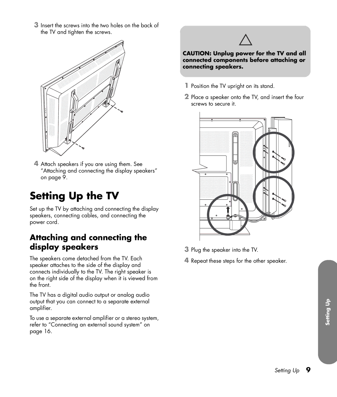 HP PL4260N 42 inch Plasma, PL5060N 50 inch Plasma manual Setting Up the TV, Attaching and connecting the display speakers 