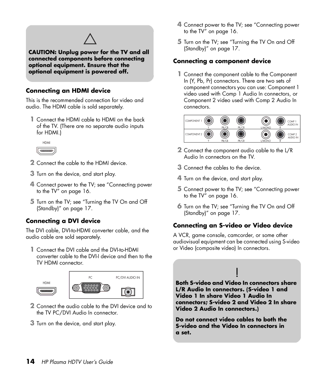 HP PL5060N 50 inch Plasma, PL4260N 42 inch Plasma Connecting a component device, Connecting an S-video or Video device 