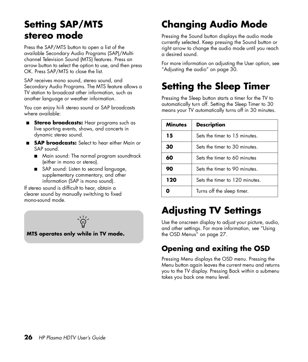 HP PL5060N 50 inch Plasma Setting SAP/MTS stereo mode, Changing Audio Mode, Setting the Sleep Timer, Adjusting TV Settings 