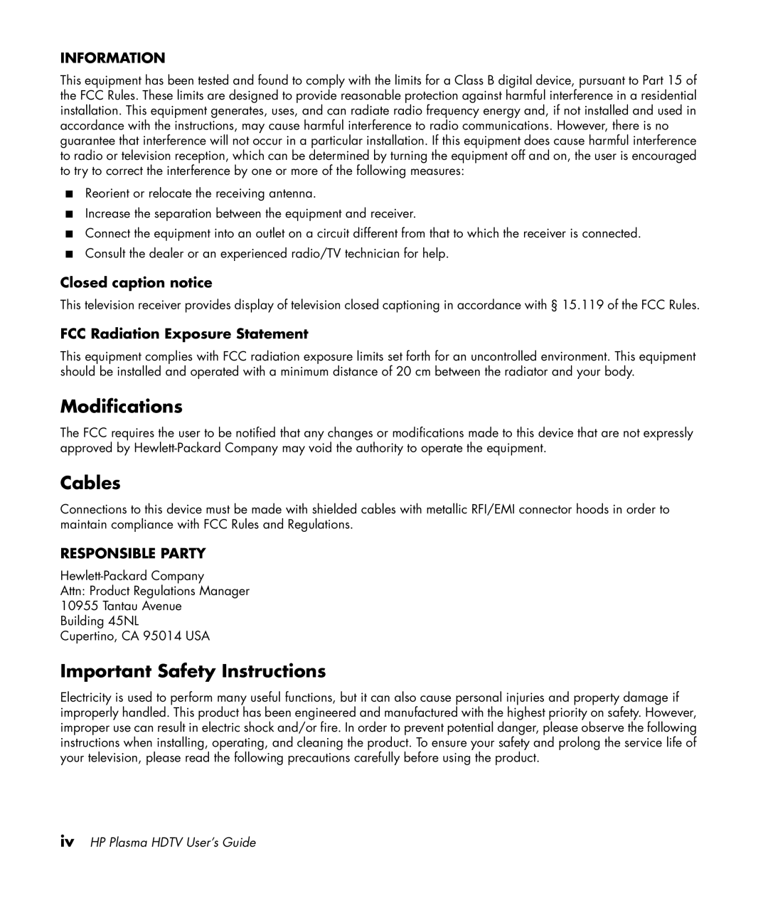 HP PL5060N 50 inch Plasma manual Modifications, Cables, Important Safety Instructions, Closed caption notice 