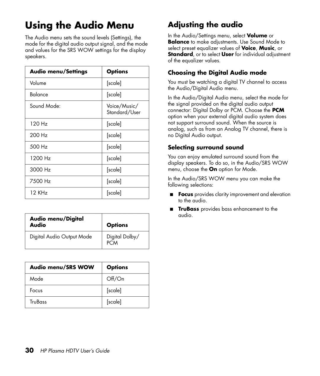 HP PL5060N 50 inch Plasma manual Using the Audio Menu, Adjusting the audio, Choosing the Digital Audio mode 