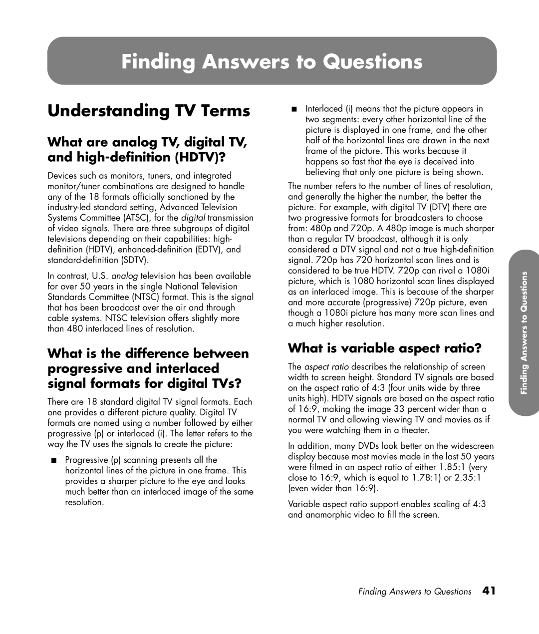 HP PL4260N 42 inch Plasma manual Finding Answers to Questions, Understanding TV Terms, What is variable aspect ratio? 