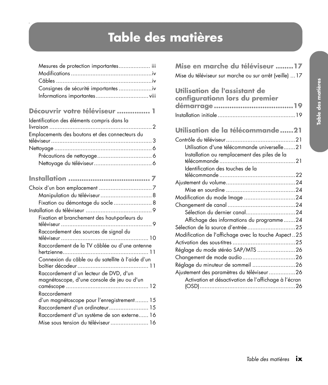 HP PL4260N 42 inch Plasma, PL5060N 50 inch Plasma manual Table des matières, Découvrir votre téléviseur 