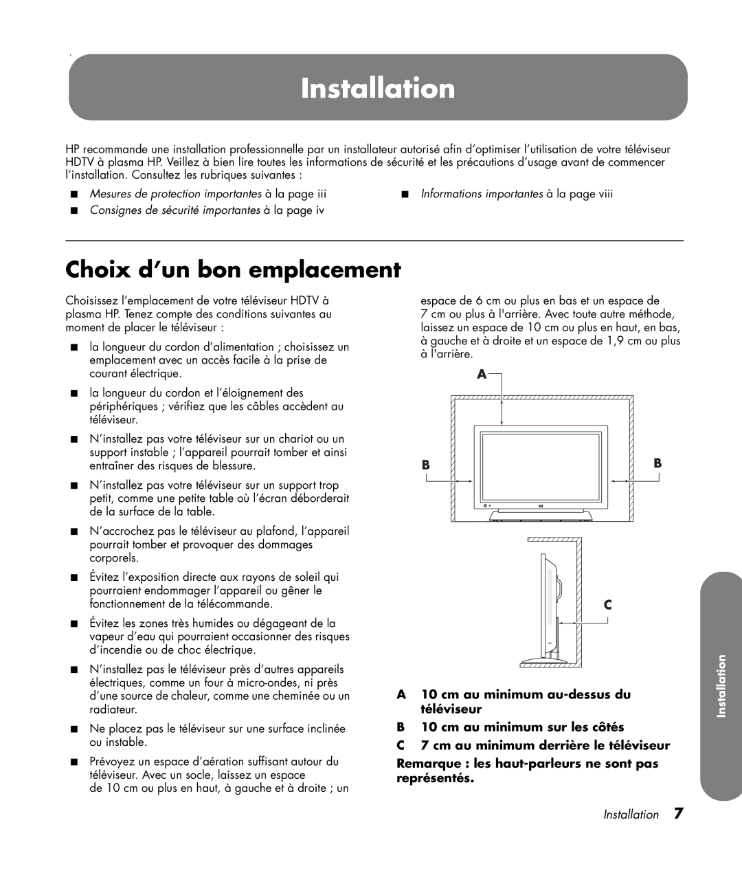 HP PL4260N 42 inch Plasma, PL5060N 50 inch Plasma manual Installation, Choix d’un bon emplacement 