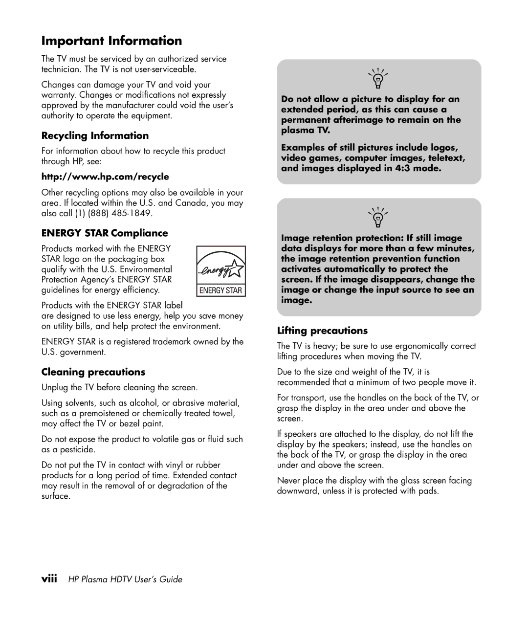 HP PL5060N 50 inch Plasma manual Important Information, Recycling Information, Energy Star Compliance, Cleaning precautions 