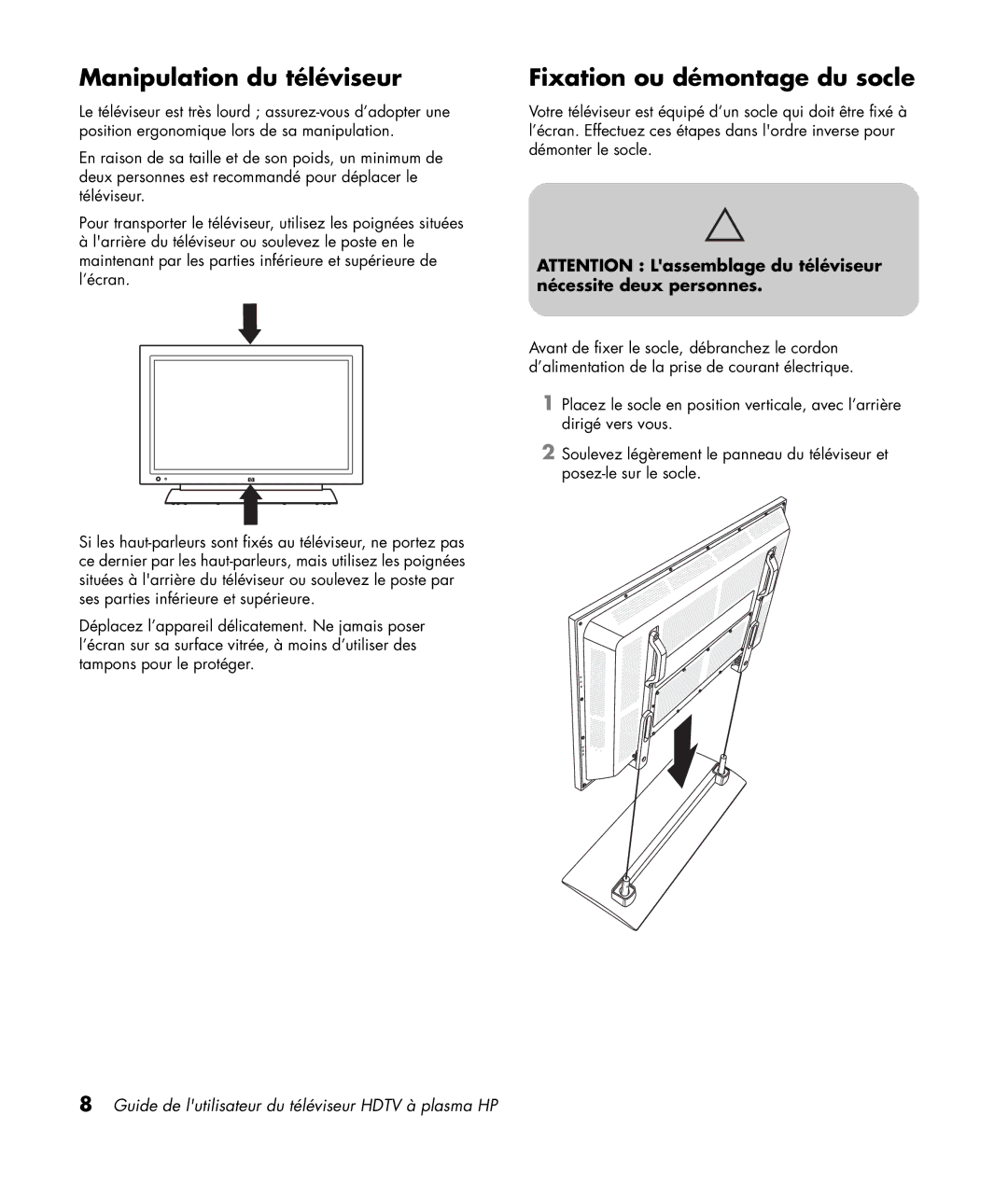 HP PL5060N 50 inch Plasma, PL4260N 42 inch Plasma manual Manipulation du téléviseur, Fixation ou démontage du socle 