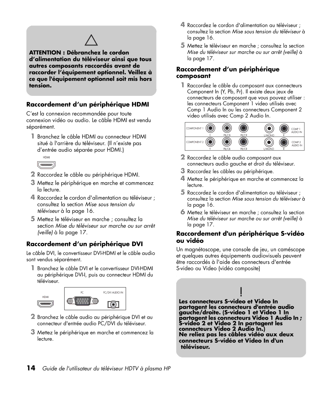 HP PL5060N 50 inch Plasma manual Raccordement d’un périphérique composant, Raccordement dun périphérique S-vidéo ou vidéo 