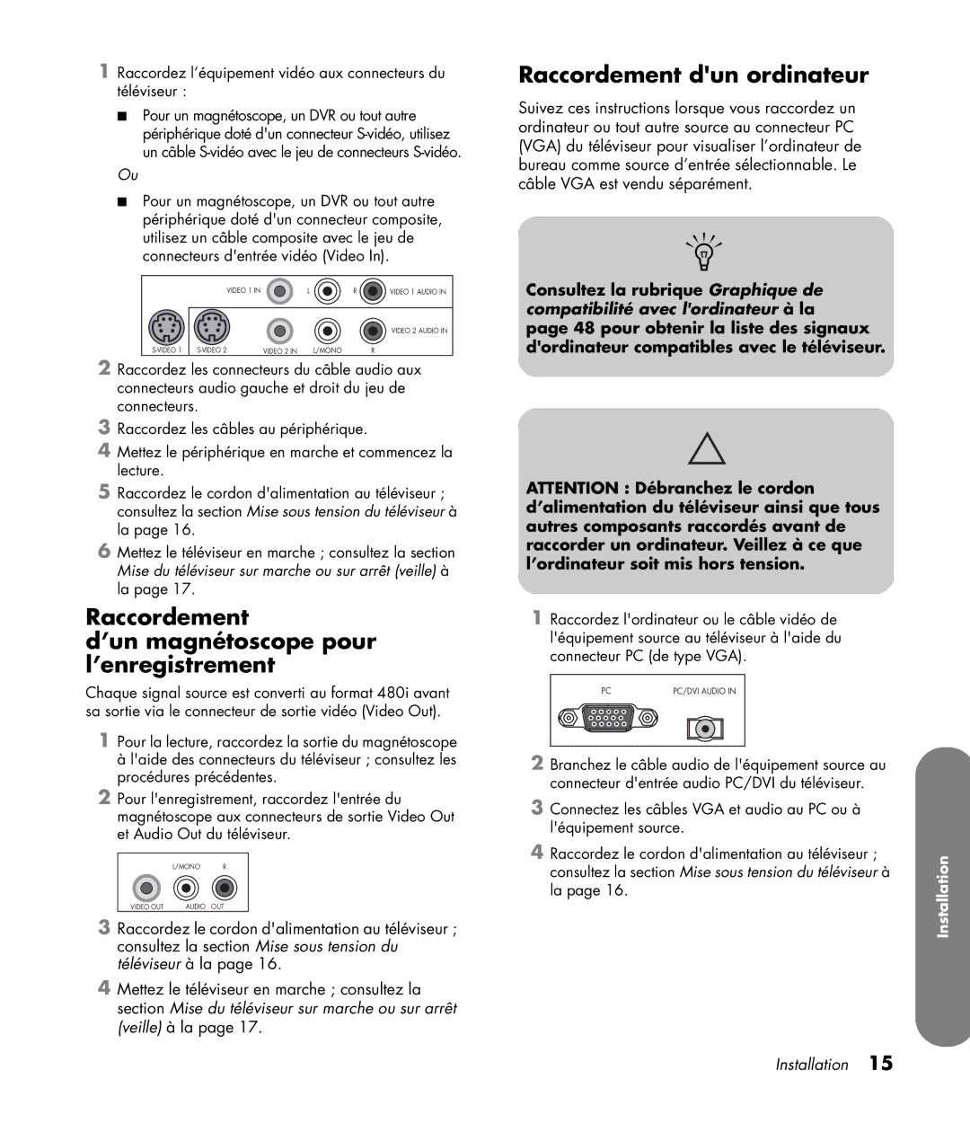 HP PL4260N 42 inch Plasma manual Raccordement ’un magnétoscope pour l’enregistrement, Raccordement dun ordinateur 