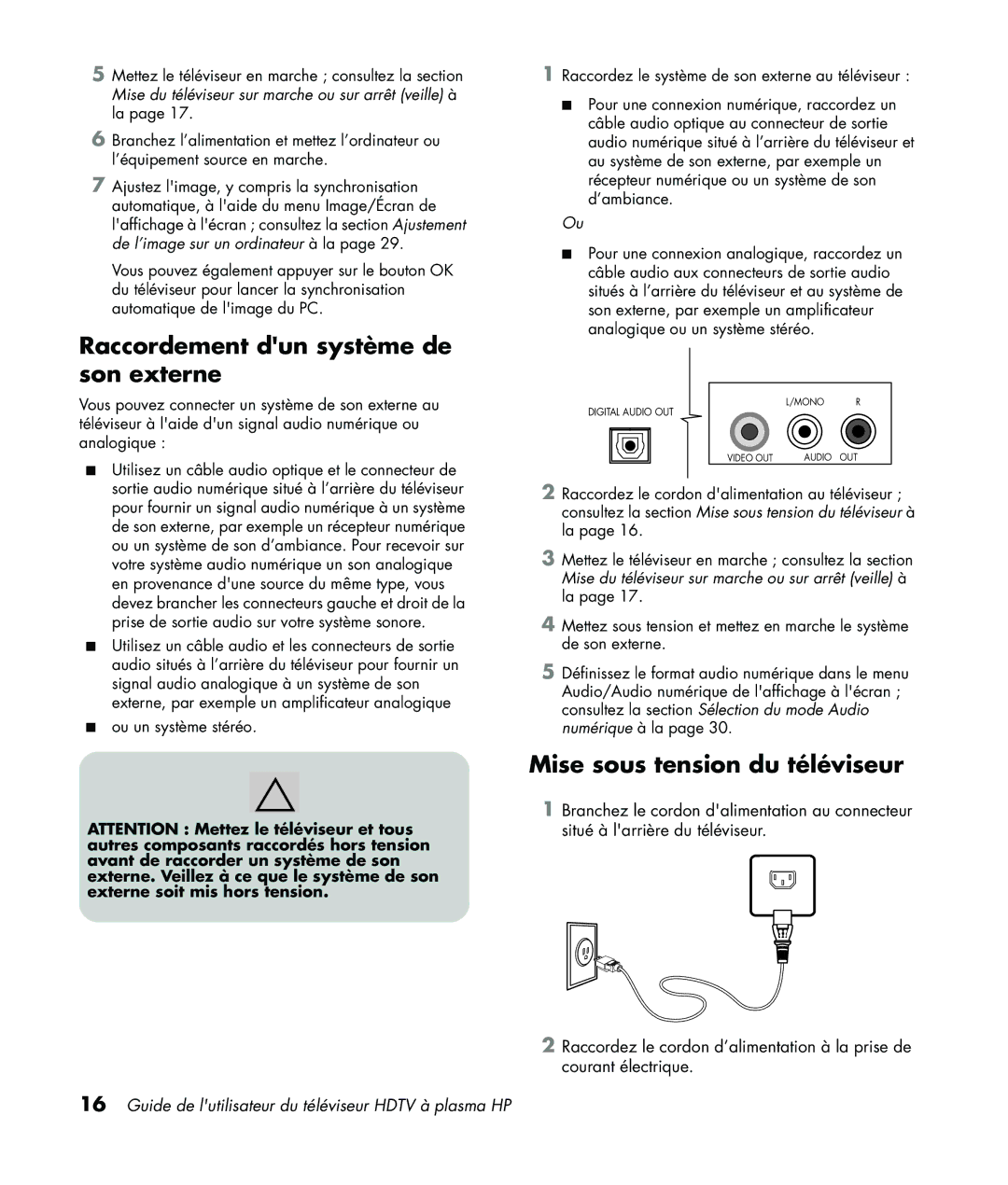 HP PL5060N 50 inch Plasma, PL4260N 42 inch Plasma Raccordement dun système de son externe, Mise sous tension du téléviseur 