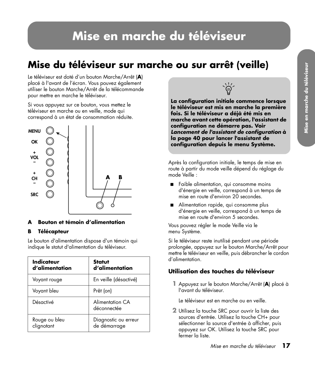 HP PL4260N 42 inch Plasma manual Mise en marche du téléviseur, Mise du téléviseur sur marche ou sur arrêt veille 