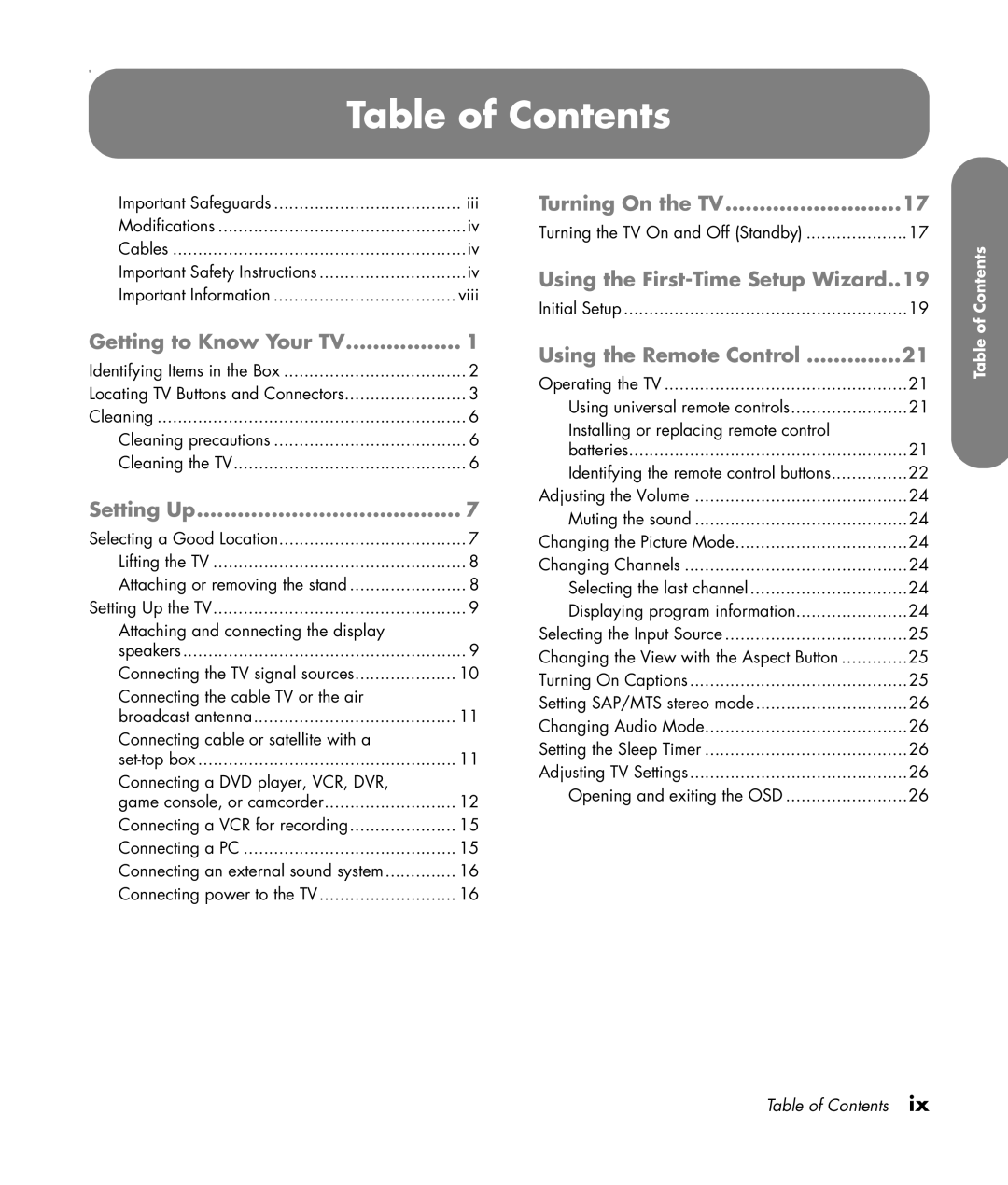 HP PL4260N 42 inch Plasma, PL5060N 50 inch Plasma manual Table of Contents 