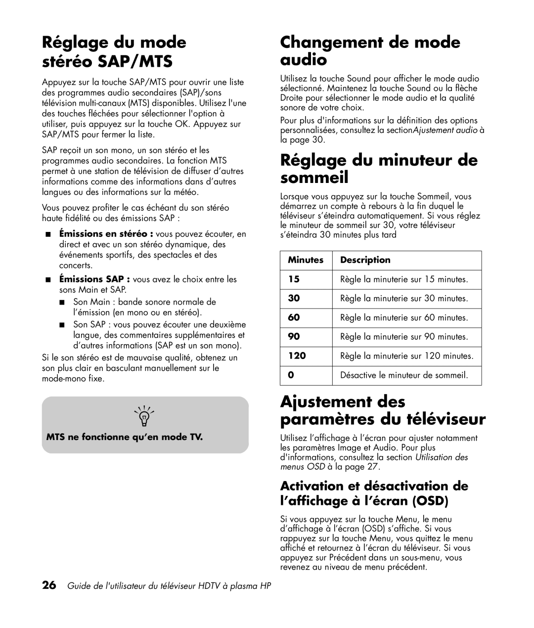 HP PL5060N 50 inch Plasma manual Réglage du mode stéréo SAP/MTS, Changement de mode audio, Réglage du minuteur de sommeil 