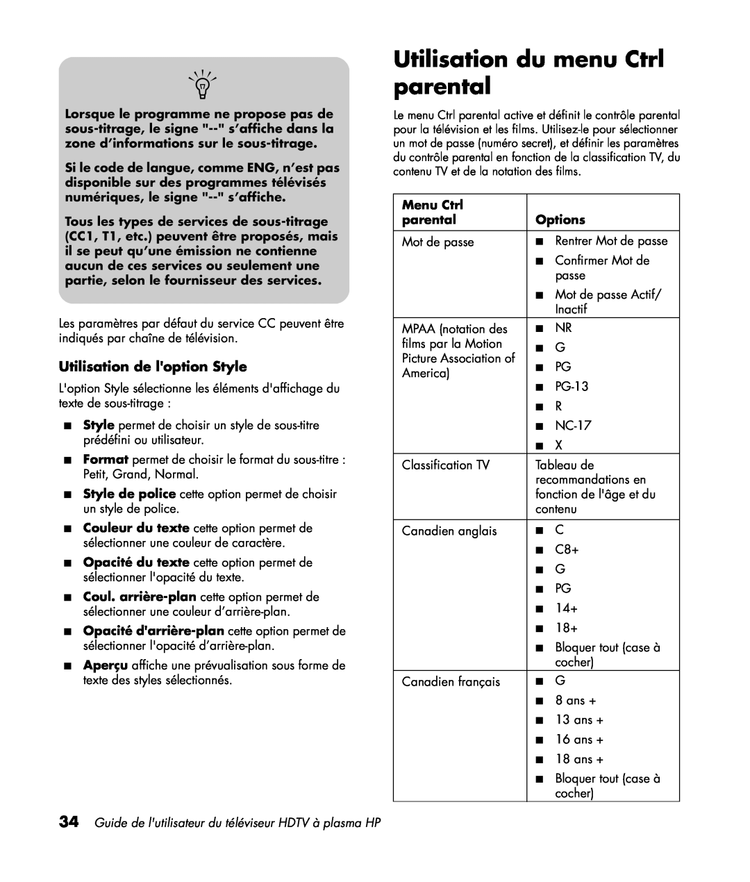 HP PL5060N 50 inch Plasma manual Utilisation du menu Ctrl parental, Utilisation de loption Style, Menu Ctrl, Options 