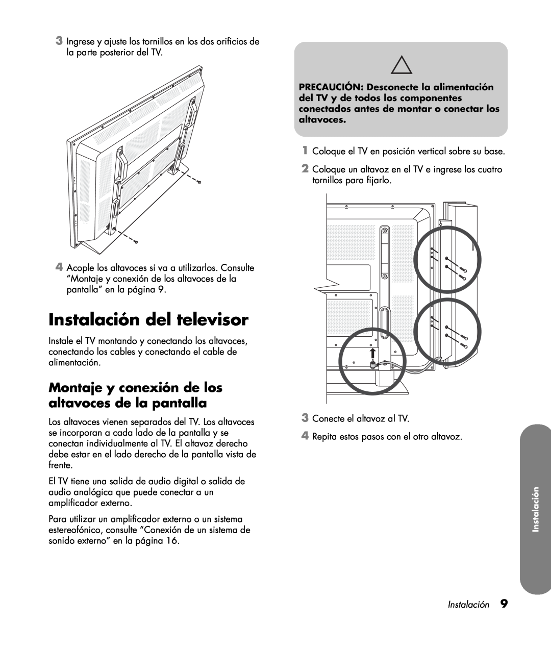 HP PL4260N 42 inch Plasma manual Instalación del televisor, Montaje y conexión de los altavoces de la pantalla 