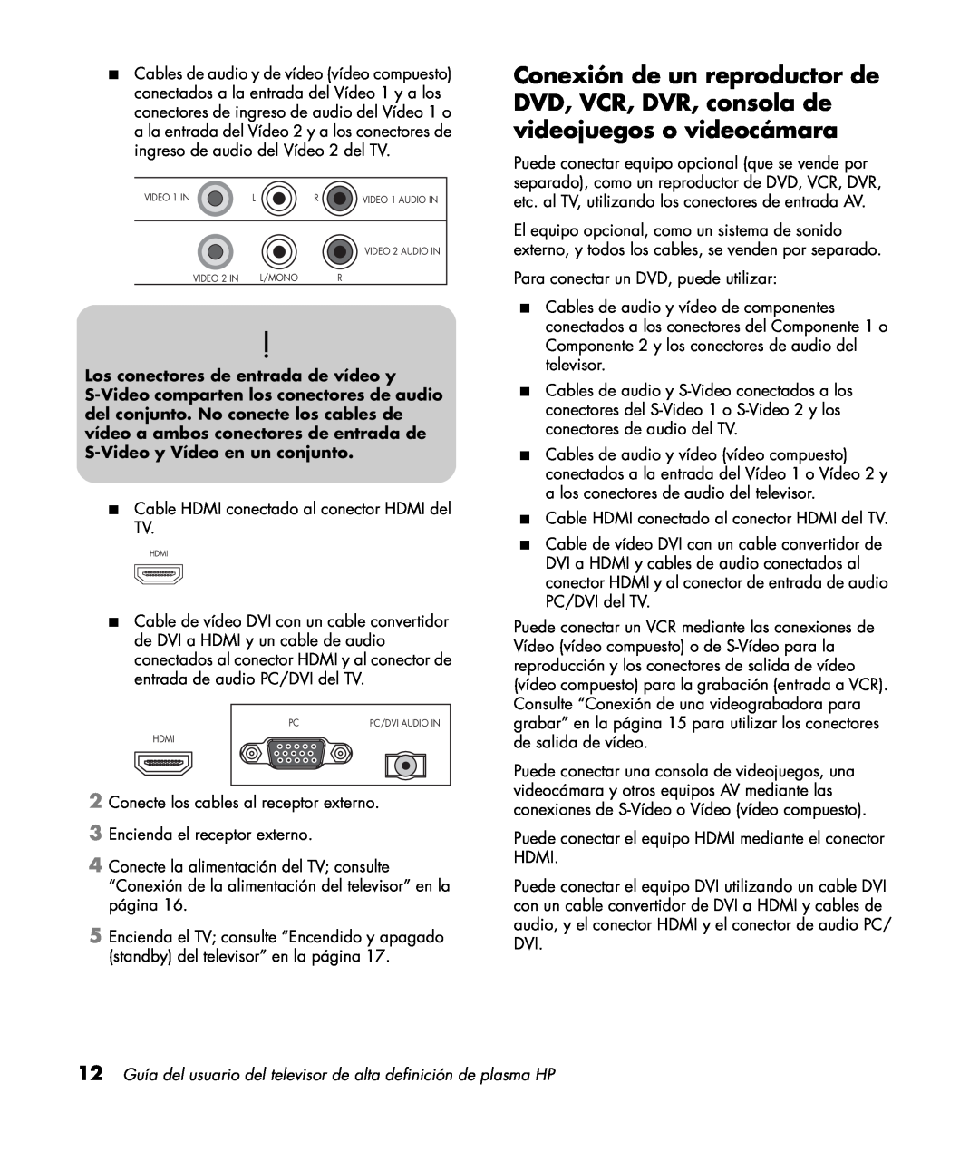 HP PL5060N 50 inch Plasma, PL4260N 42 inch Plasma manual 12 Guía del usuario del televisor de alta definición de plasma HP 