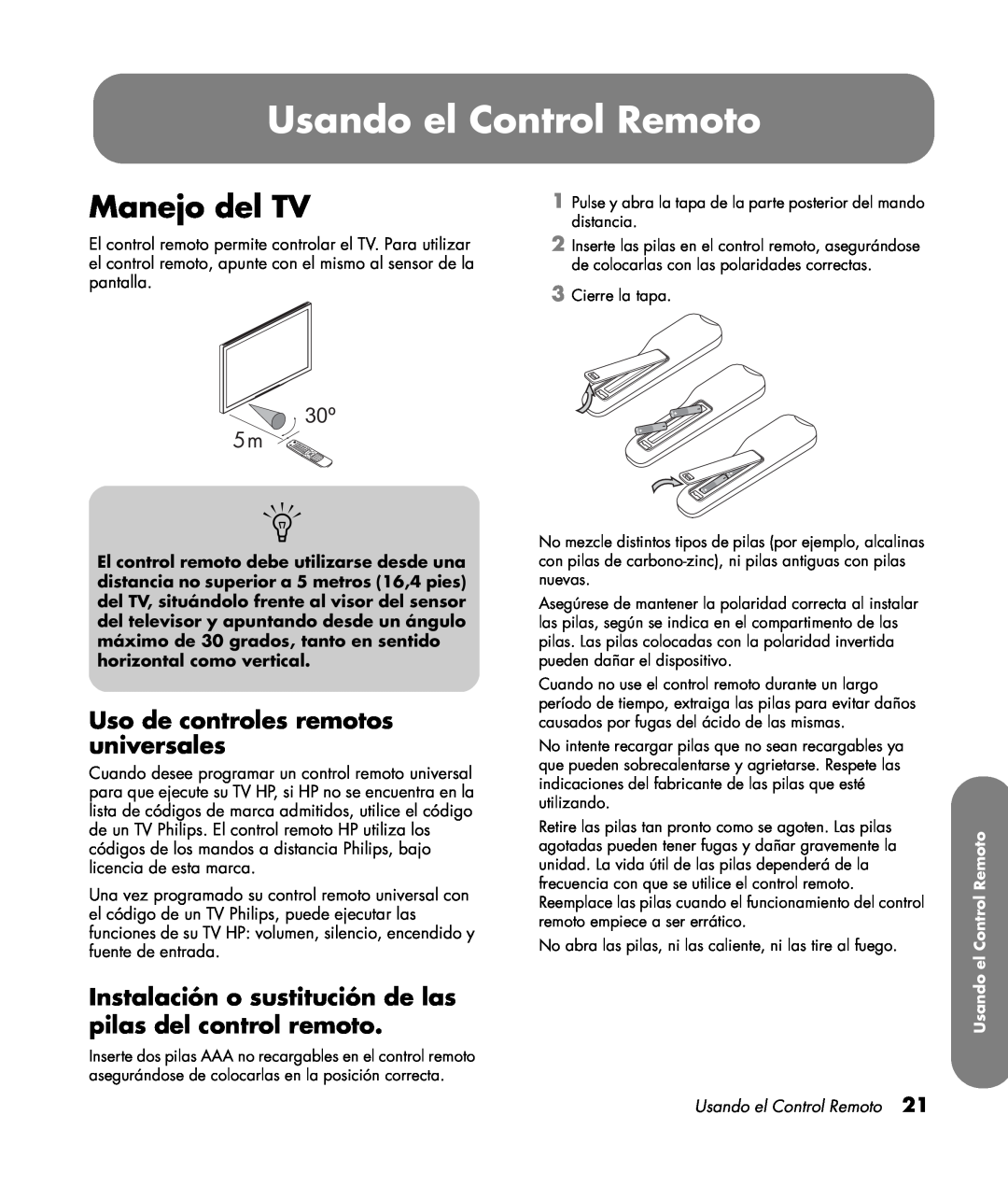 HP PL4260N 42 inch Plasma manual Usando el Control Remoto, Manejo del TV, Uso de controles remotos universales, 30º 5m 