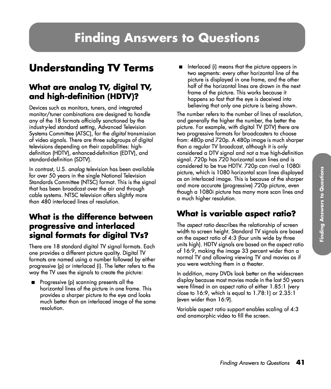 HP PL4260N 42 inch Plasma manual Finding Answers to Questions, Understanding TV Terms, What is variable aspect ratio? 