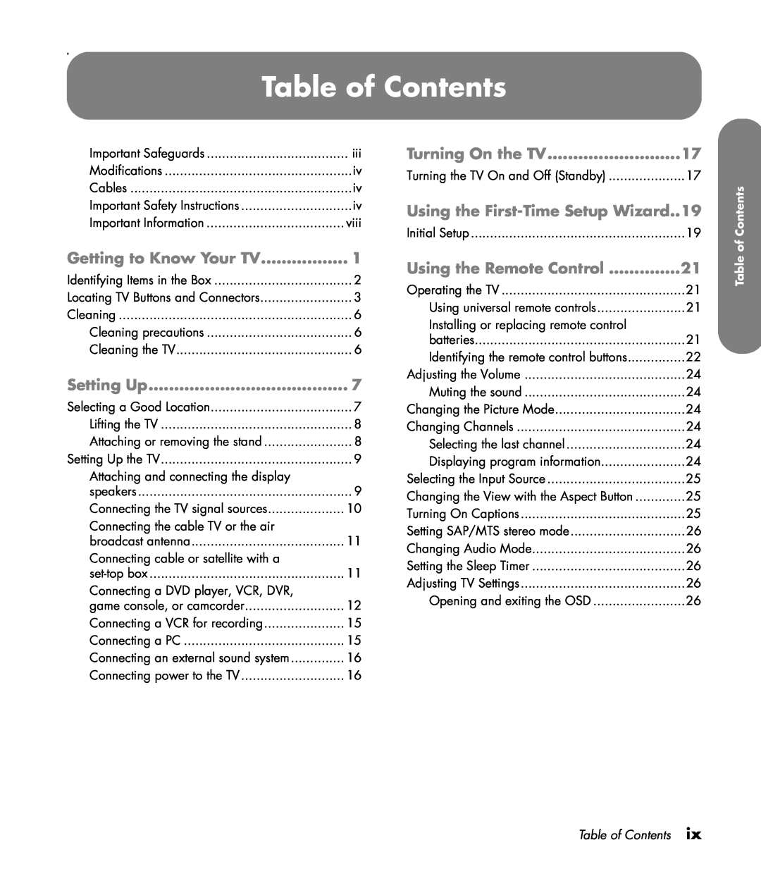 HP PL4260N 42 inch Plasma manual Table of Contents, Turning On the TV, Using the First-Time Setup Wizard..19, Setting Up 