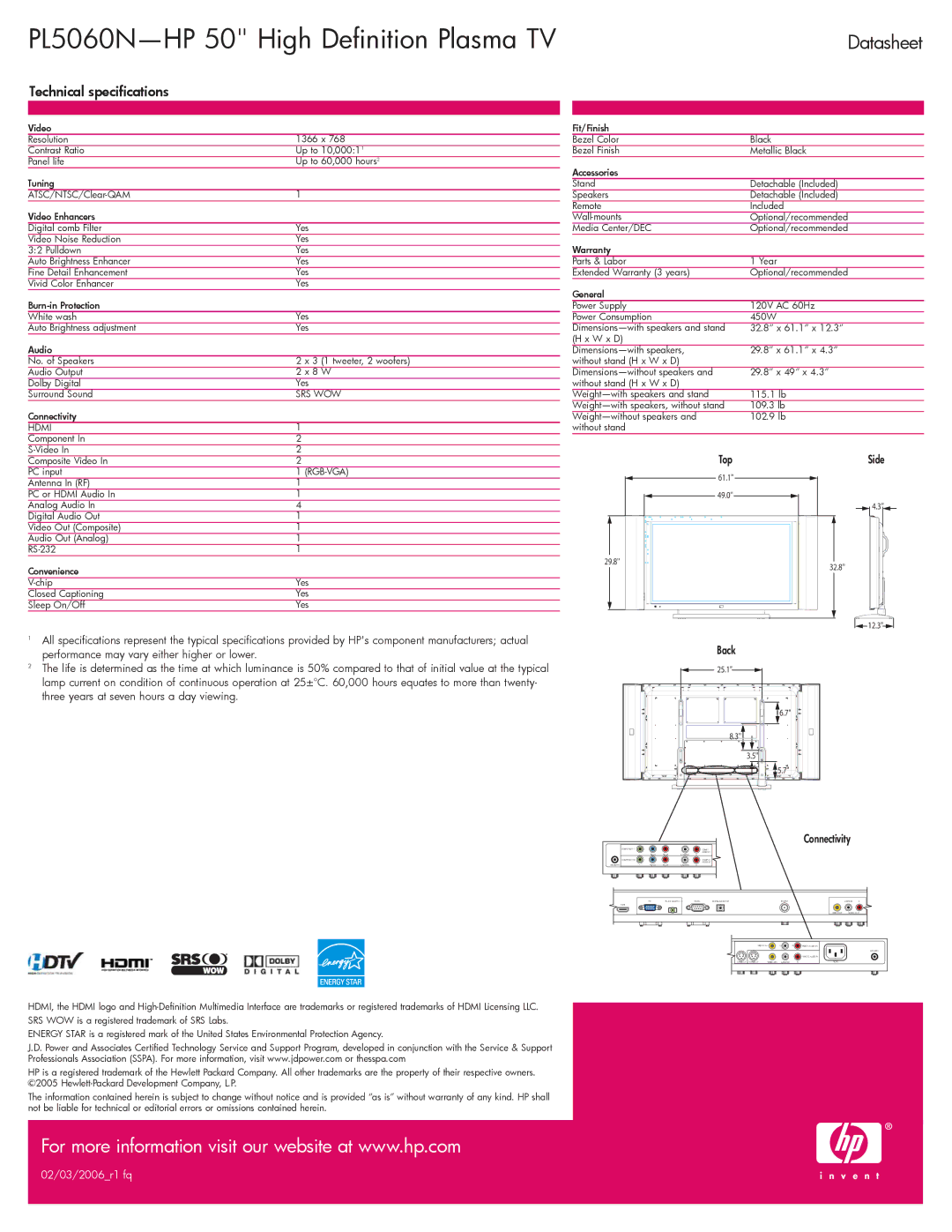 HP PL5060N 50 inch Plasma manual PL5060N-HP 50 High Definition Plasma TV, Datasheet, Technical specifications 