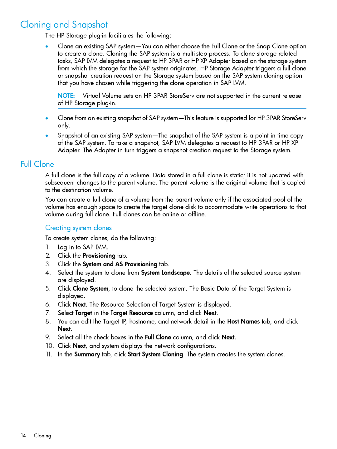 HP Plug-in for SAP NetWeaver Landscape Virtualization Management for Storage manual Cloning and Snapshot, Full Clone 